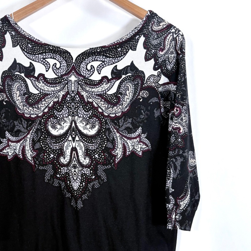 White House Black Market‎ Womens Black White Paisley 3/4 Dolman Sleeve Sweater M